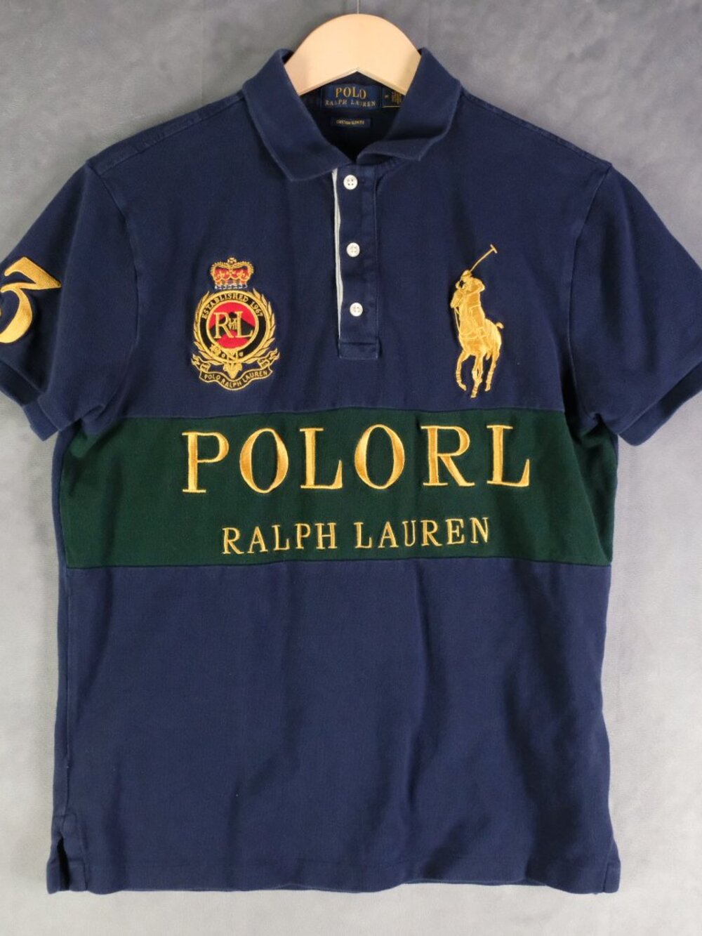 Polo Ralph Lauren Shirt Womens Medium Navy Blue Gold Big Pony Crest Rugby